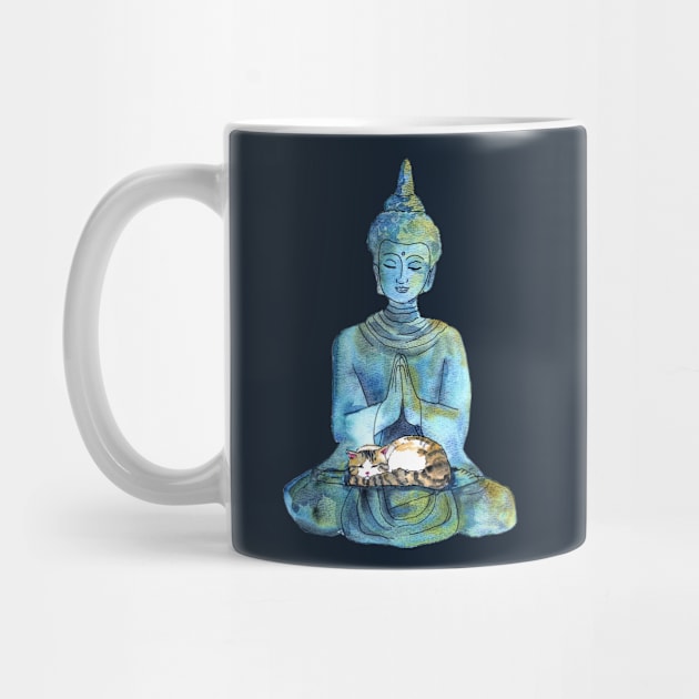 Watercolor Stone Buddha Statue with Sleeping Calico Cat by venglehart